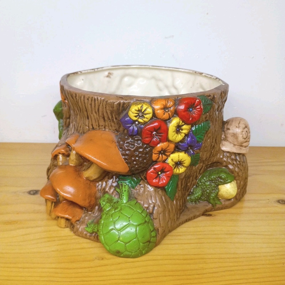Vtg MCM Tree Stump Mushroom Pot Planter Atlantic Mold Ceramic Flowers Butterfly